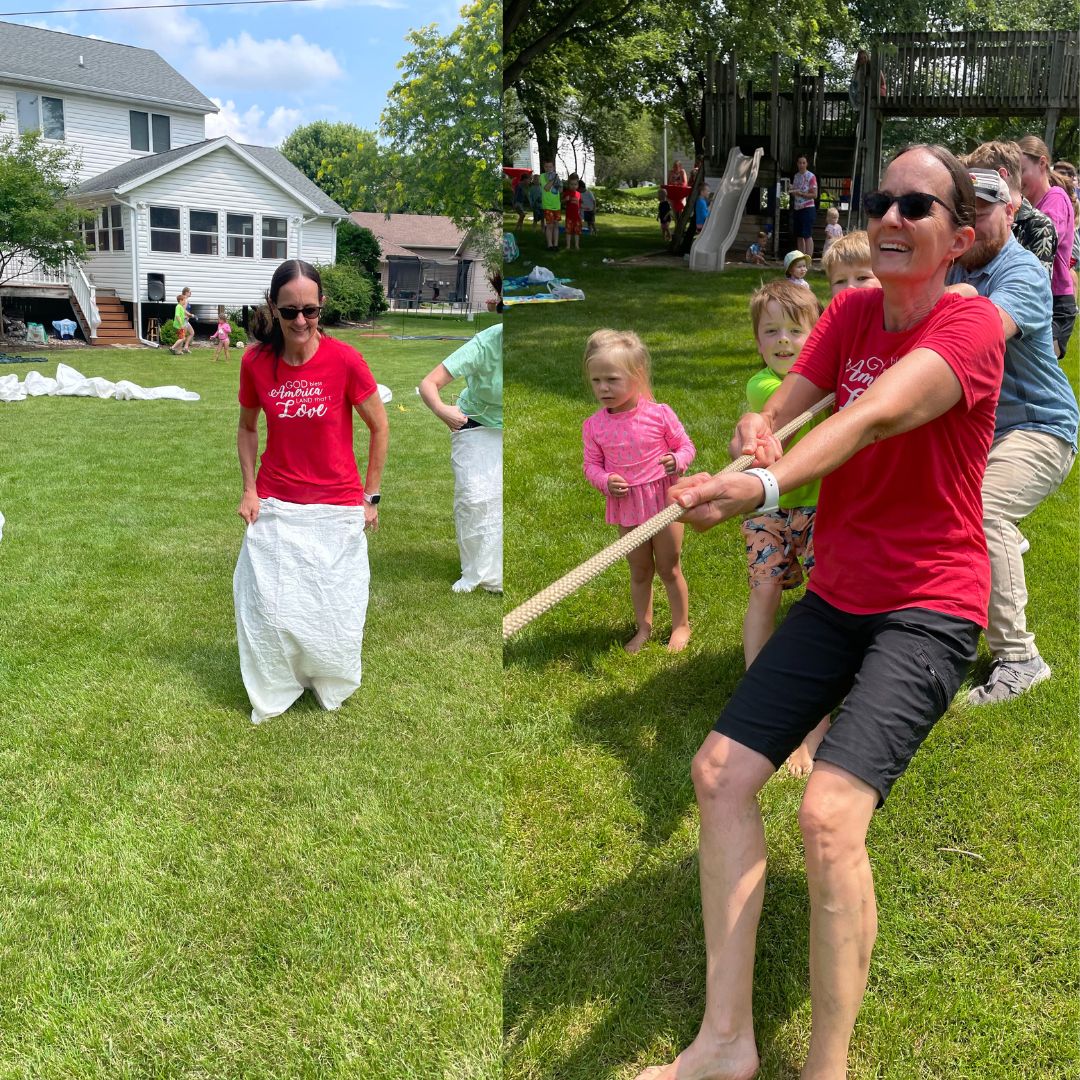 Jana doing a gunny sack race and playing tug of war.